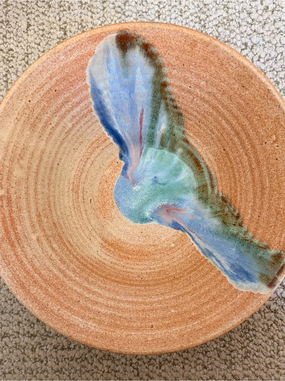 Signed Pottery Studio 10.5” diameter Bowl textured & abstract colored glazes NEW